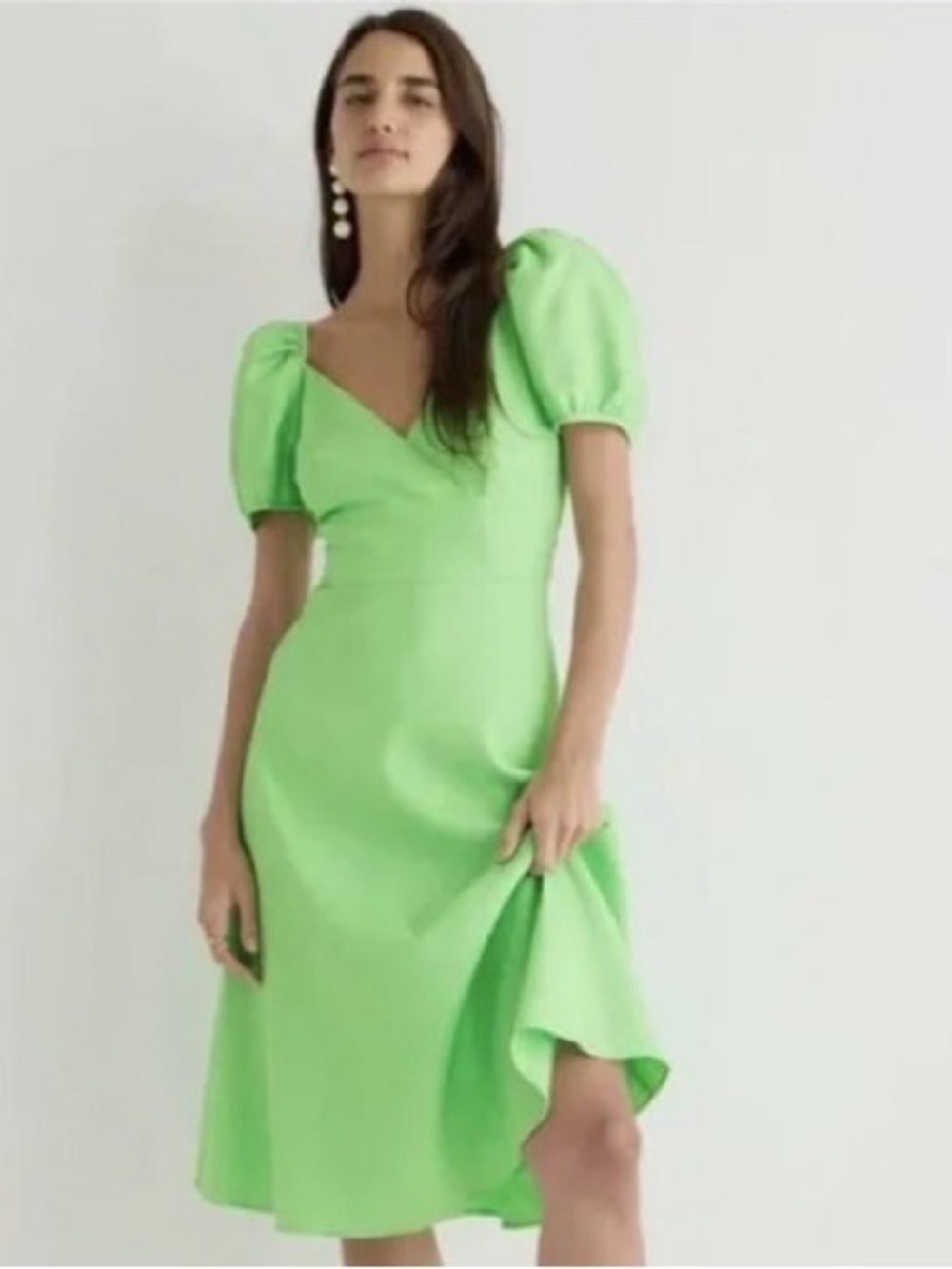 J.Crew Puff-sleeve V-neck midi dress in stretch linen blend